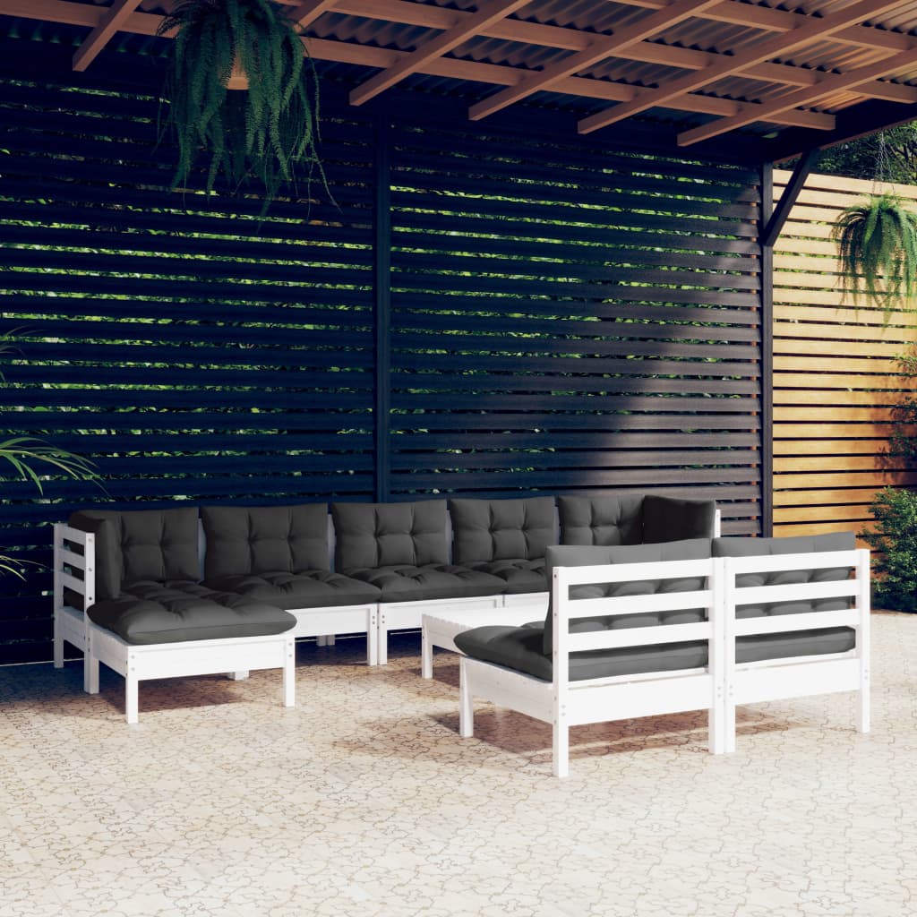 10-tlg. Garten-Lounge-Set mit Kissen Weiss Kiefernholz